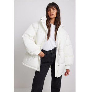 NA-KD Drawstring Waist Water Repellent White Puffer Jacket with Detachable Hood